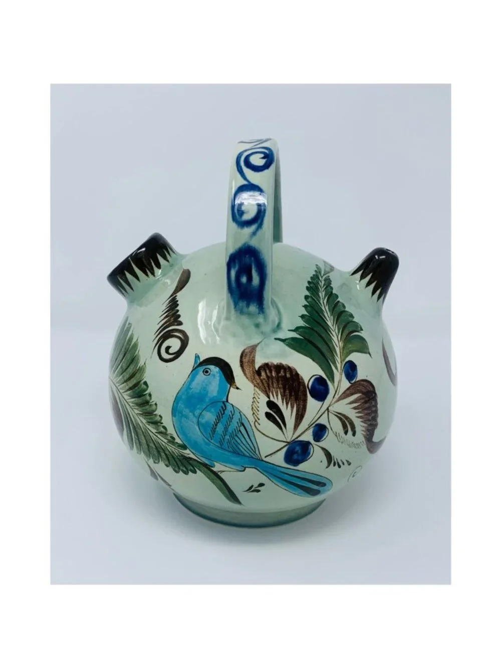 Vintage Noe Suro Tonala Teapot Floral Blue Bird Folk Art Mexico Signed 8x6
